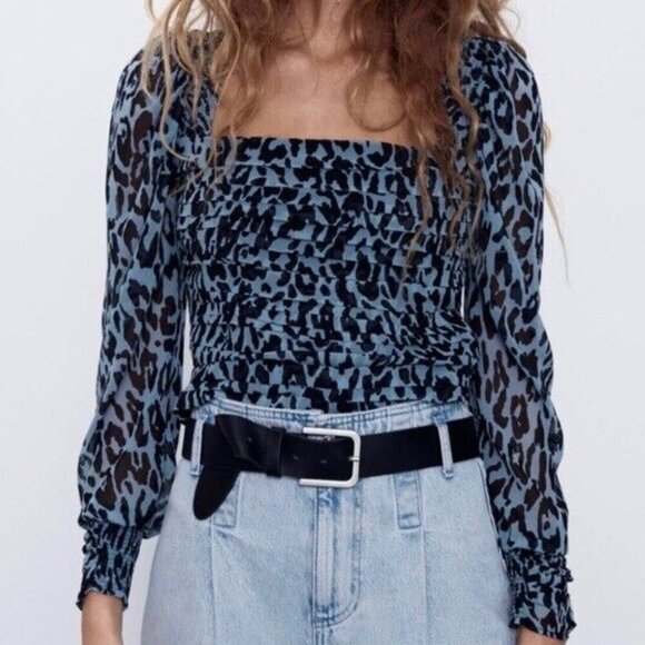 Zara Tops - ZARA Cheetah/Leopard Puffed Long Sleeve Crop Top Stretchy Shirt Womens Small NWT